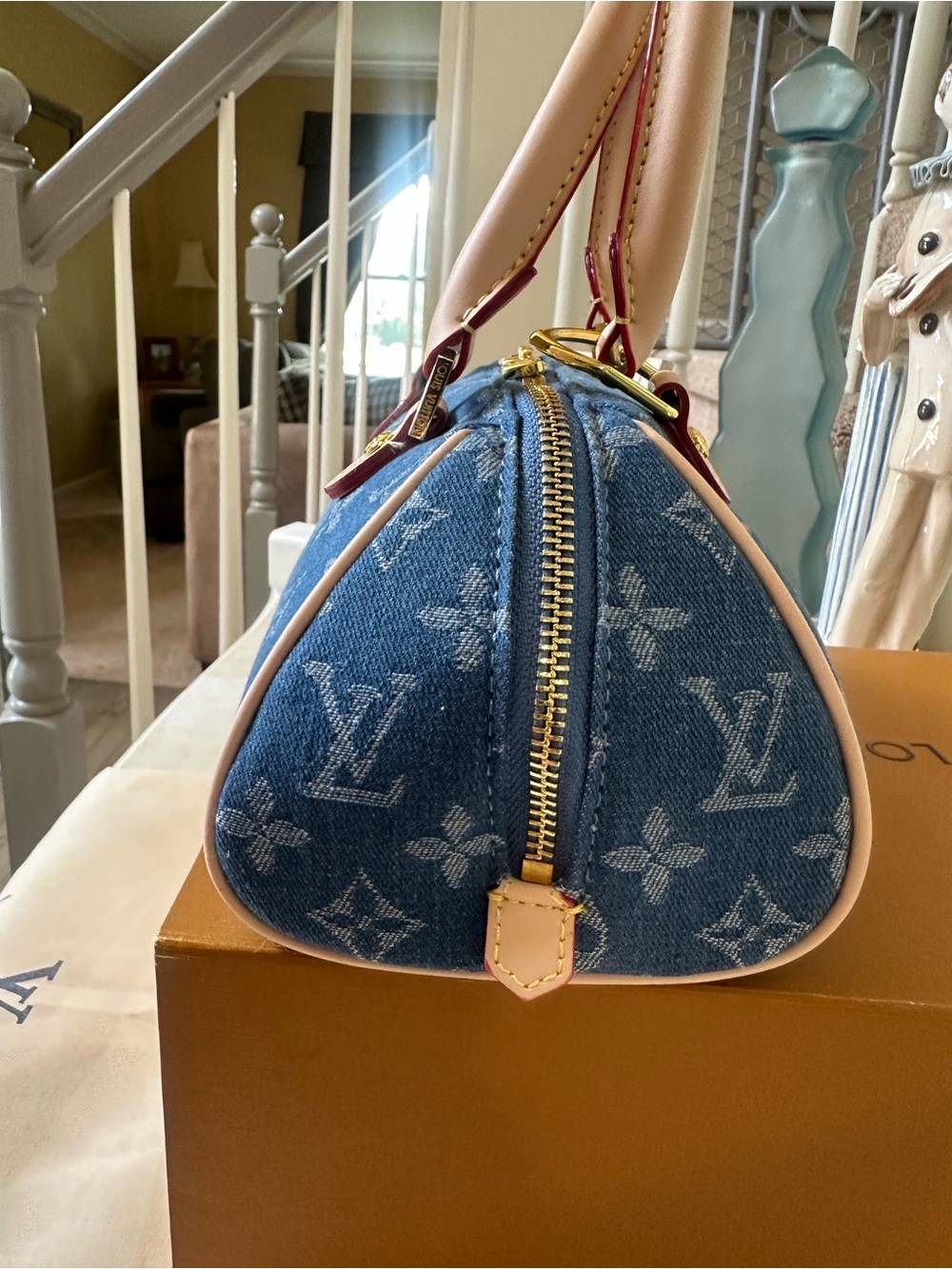 Lux inspired Nano Speedy bag is blue monogram denim. - Picture 8 of 16